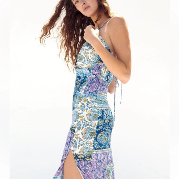 NWT Zara Blue Printed Midi Dress with Knot - Picture 4 of 13